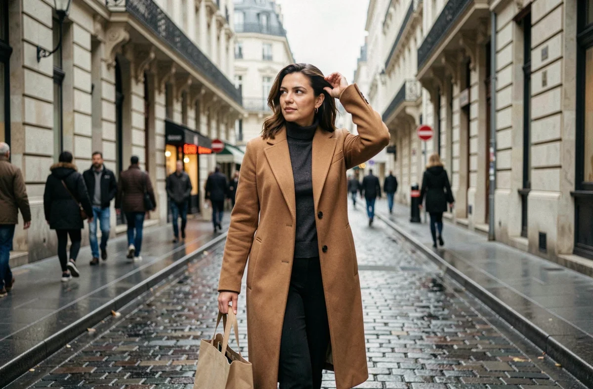 Femme marchant dans une rue parisienne avec des bâtiments haussmanniens en arrière-plan, illustrant la notion d'exposition publique et de droit à la vie privée