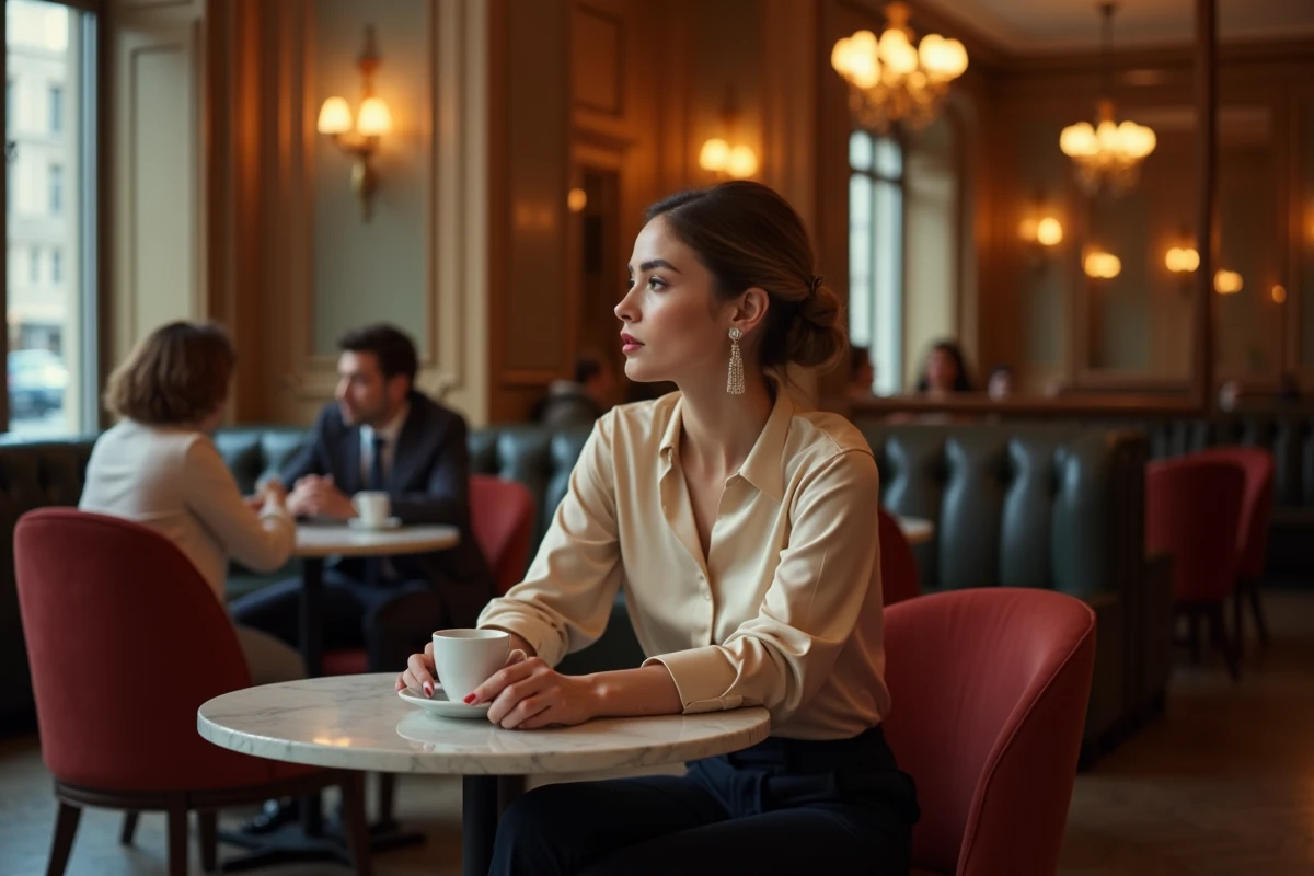 Femme élégante seule dans une brasserie parisienne, regard pensif et expression réservée autour d'un café