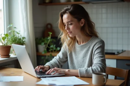 Femme utilisant un simulateur CAF sur son ordinateur portable &agrave; la maison pour estimer ses droits aux aides 2026