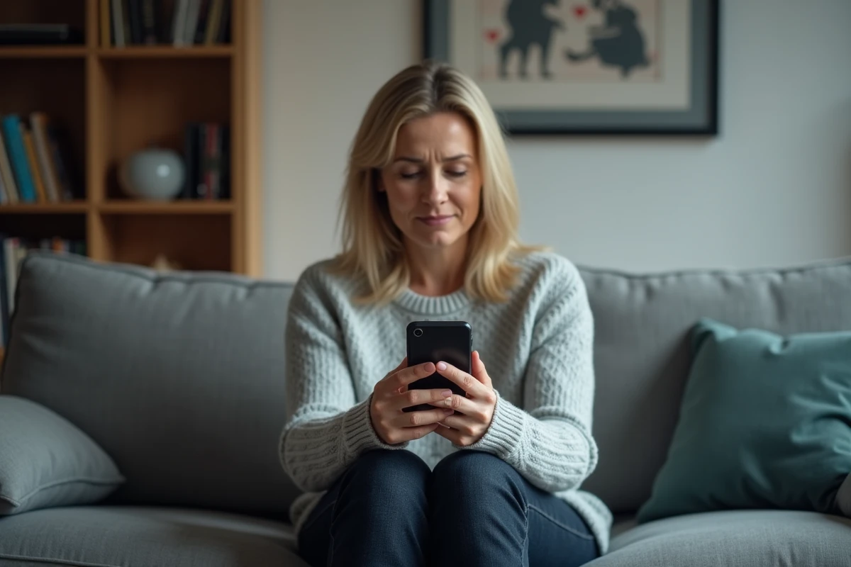 Femme seule sur un canapé consultant les résultats d'un test de compatibilité amoureuse sur son téléphone