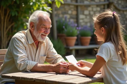 Grand-père et petite-fille échangeant un message touchant dans un jardin provençal pour la fête des grands-pères