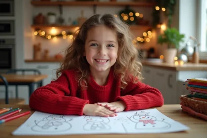 Fille souriante avec dessin de No&euml;l &agrave; la maison