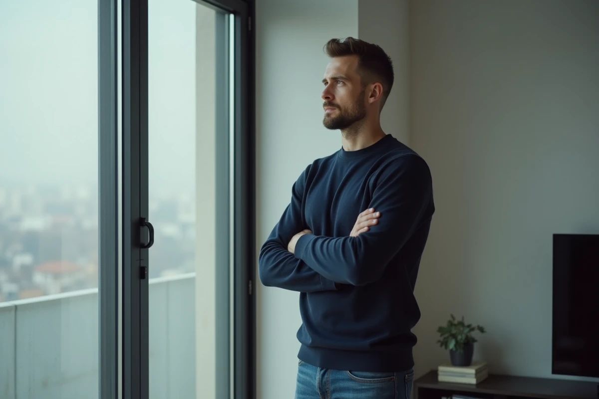 Jeune homme adulte regardant par la fenêtre, expression distante, isolement émotionnel