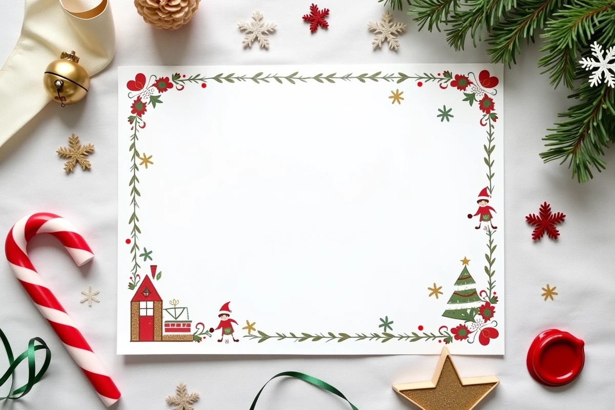 Vue aérienne flat lay d'une lettre de lutin farceur imprimée entourée de décorations de Noël sur nappe en lin blanc