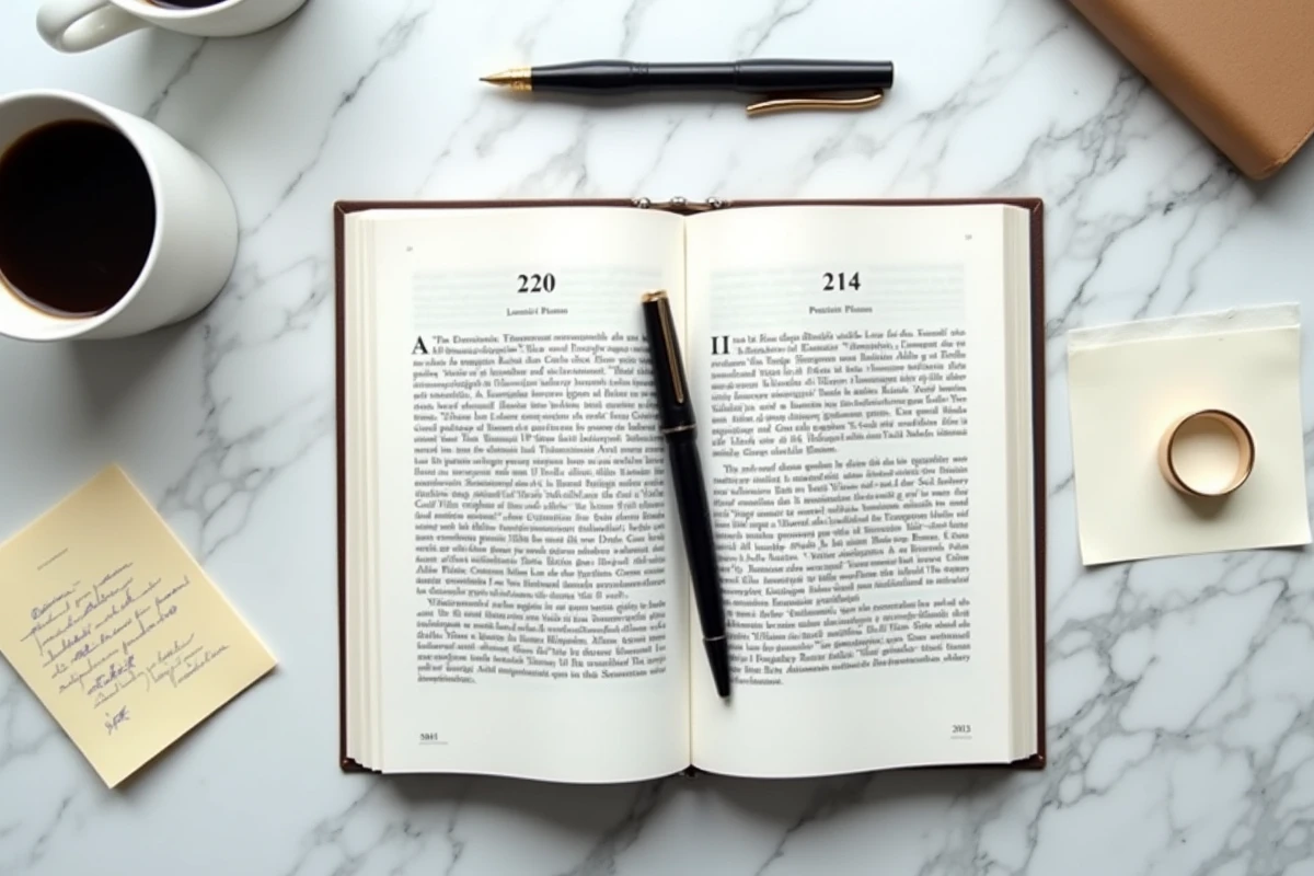 Vue aérienne du Code civil ouvert sur les articles 220 et 214 relatifs aux charges du mariage, avec stylo plume, alliance et notes manuscrites sur marbre blanc