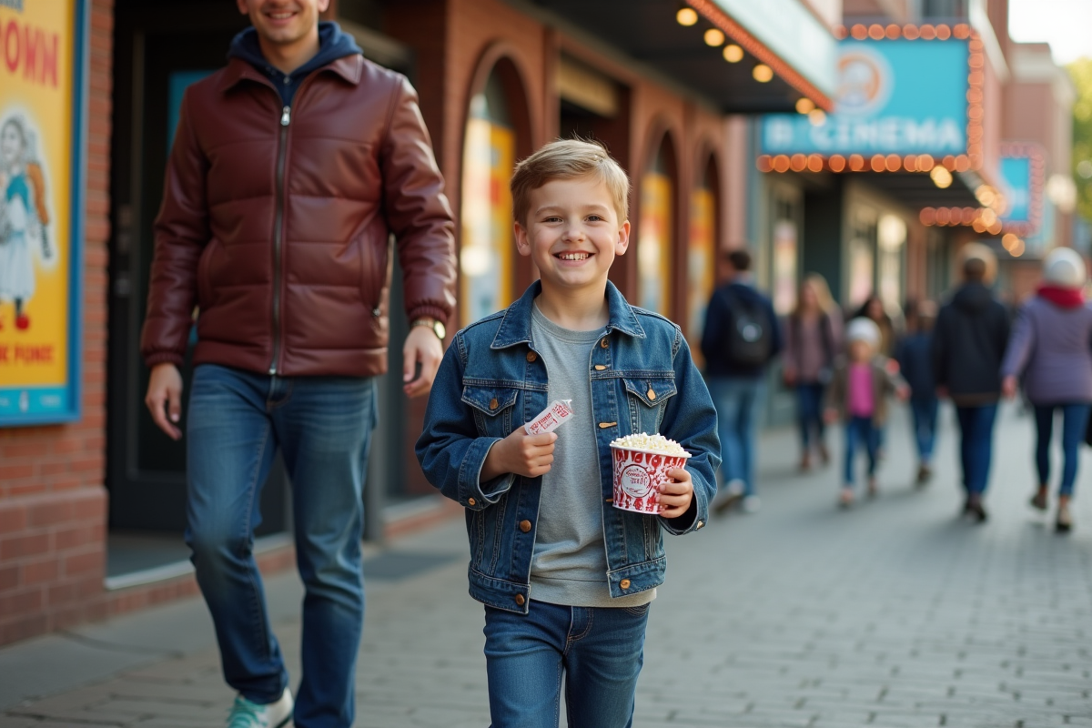 Garçon souriant avec son père devant un cinéma en ville