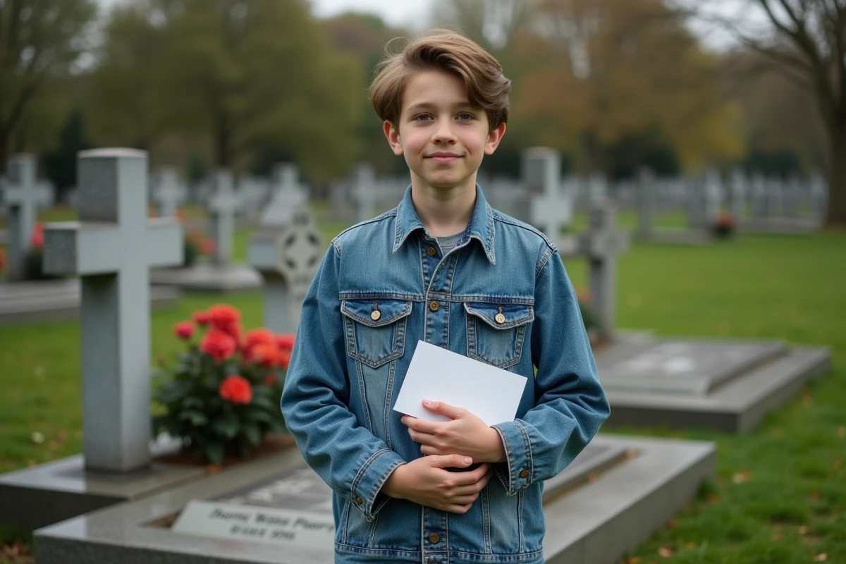 Adolescent devant une tombe tenant un po&egrave;me pli&eacute;