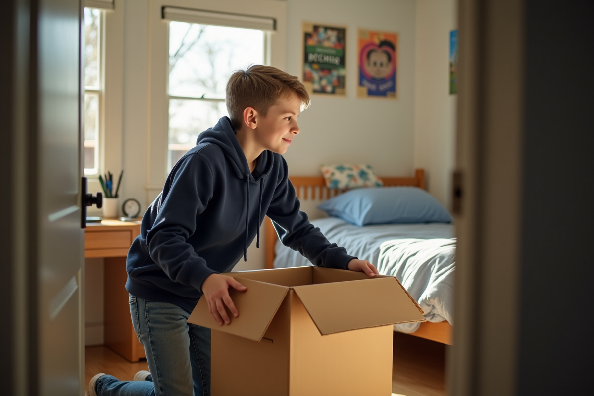 Adolescent déballant un carton dans sa chambre lumineuse