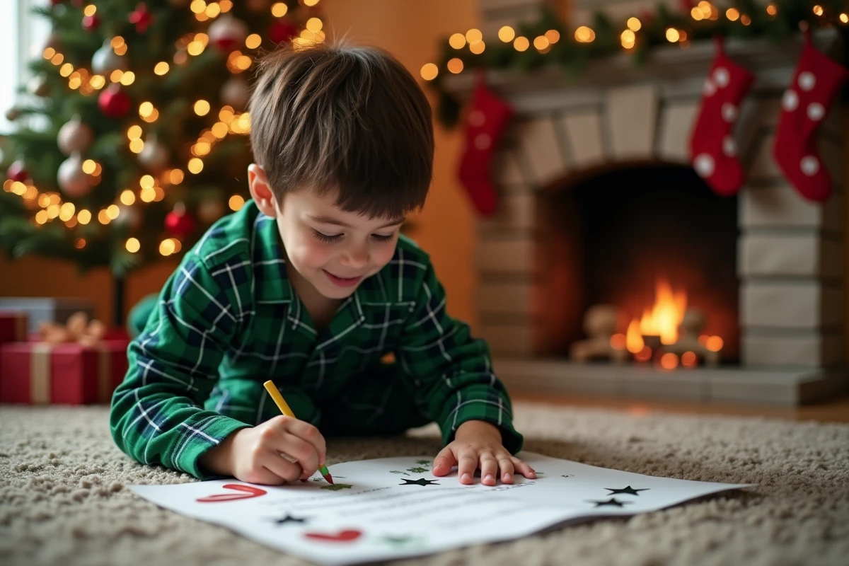 Garçon en pyjama décorant une lettre imprimée pour le Père Noël près du sapin de Noël