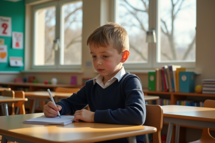 Gar&ccedil;on de 8 ans assis calmement &agrave; son bureau en classe