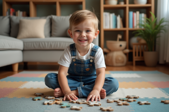 Garçon de six ans assemble un puzzle dans un salon chaleureux