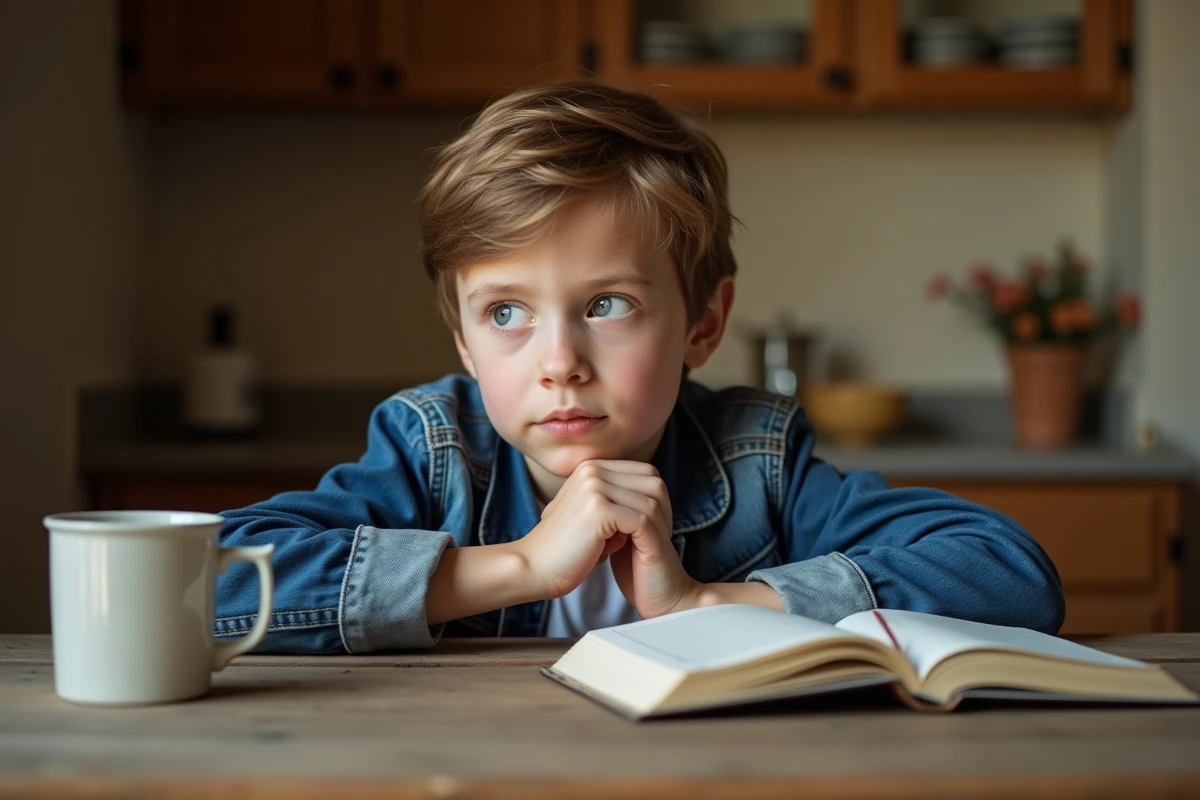 Garçon pensif appuyé sur une table en bois, évoquant la profondeur émotionnelle des citations sur l'enfance difficile