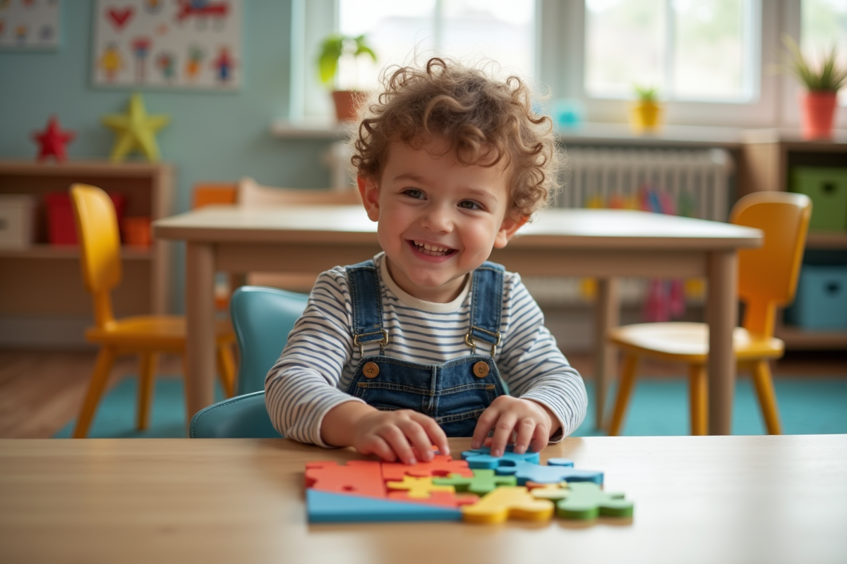 Garçon de 3 ans connecte la dernière pièce d’un puzzle coloré en classe
