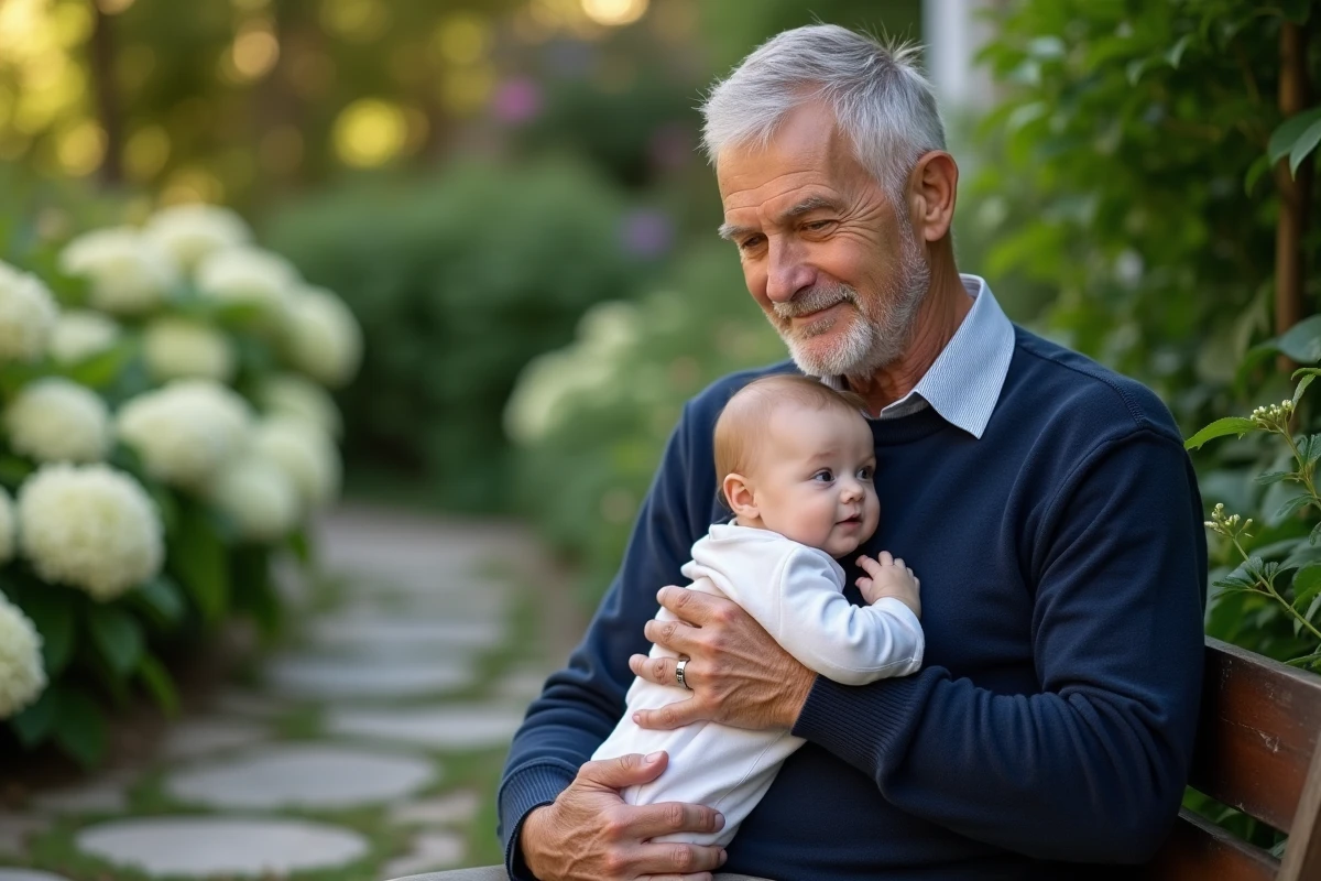 Grand-père tenant son bébé en position verticale soutenue dans un jardin, démontrant le maintien correct recommandé avant l'acquisition de la position assise autonome