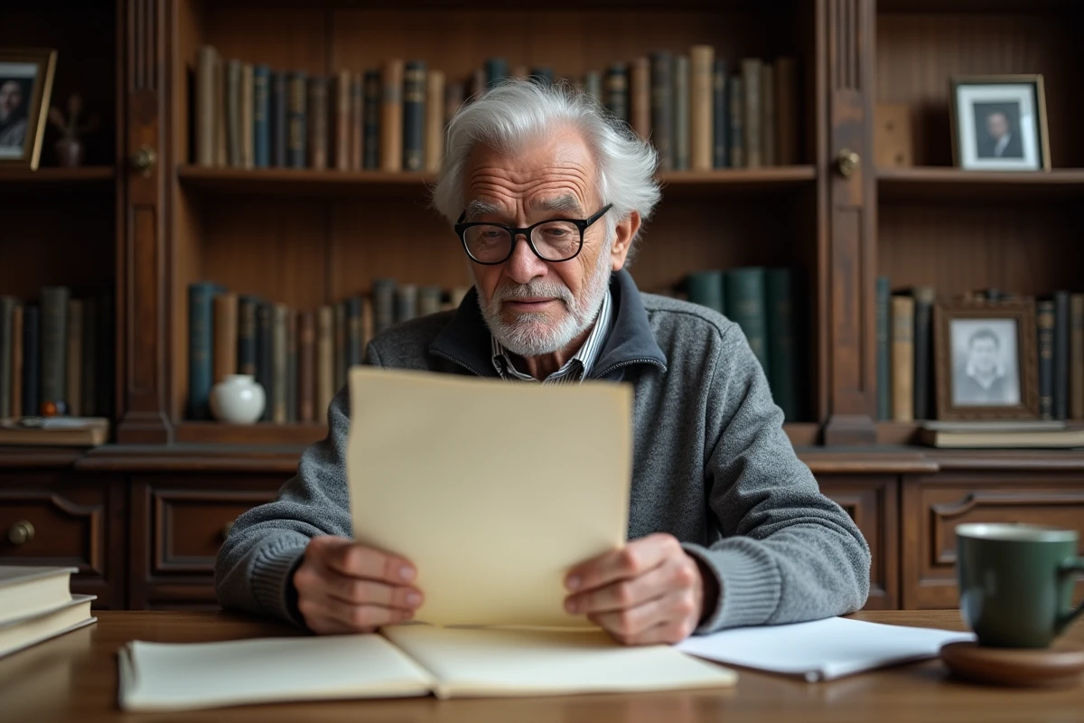 Grand-père âgé lisant une lettre manuscrite à son bureau dans un appartement français chaleureux pour la fête des grands-pères