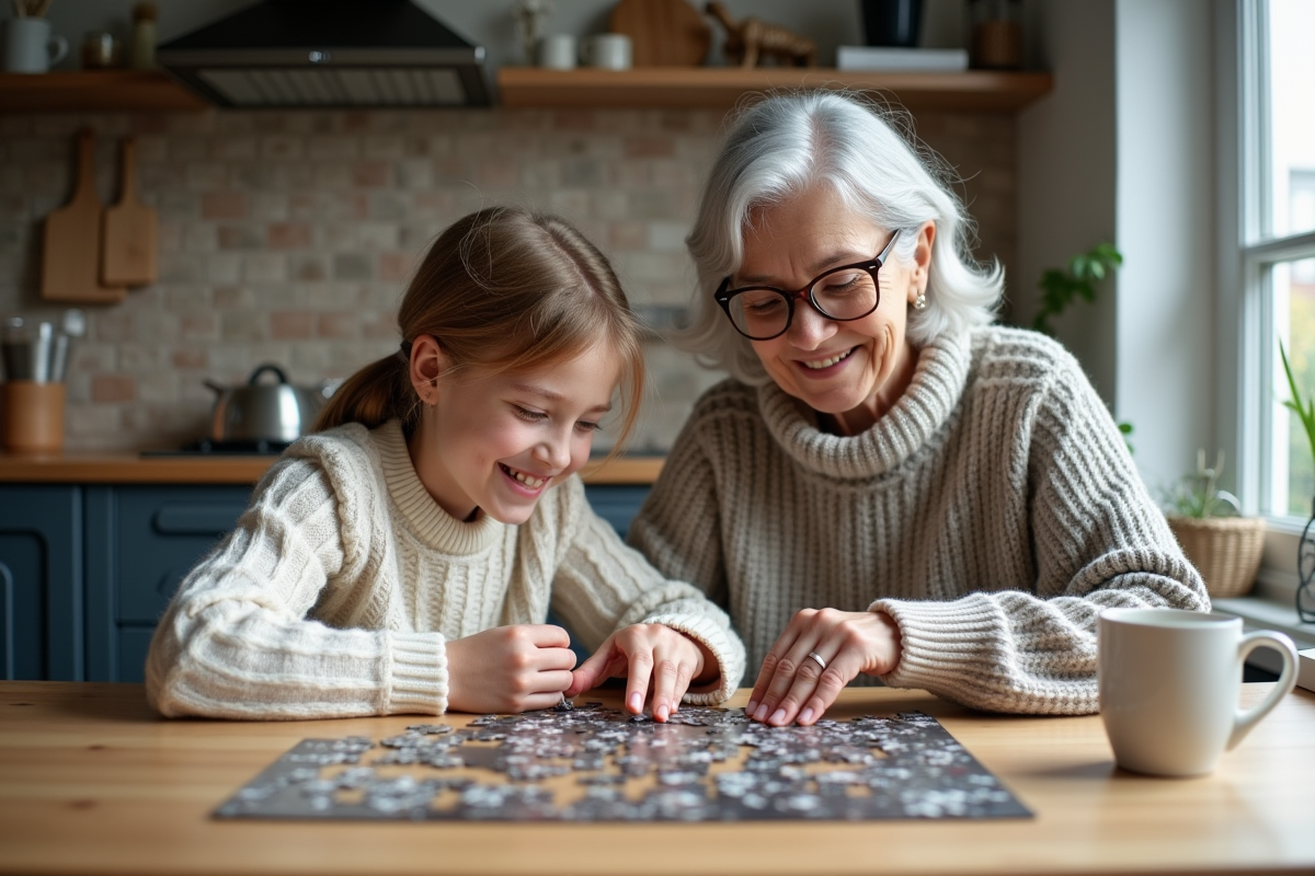 Grand-mère et petite fille font un puzzle dans la cuisine