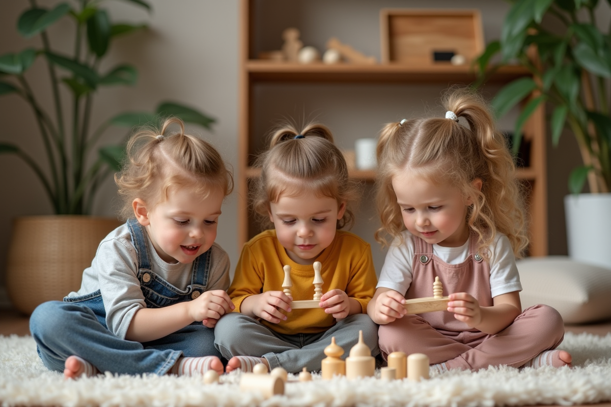 Trois enfants en activité Montessori avec jouets éducatifs