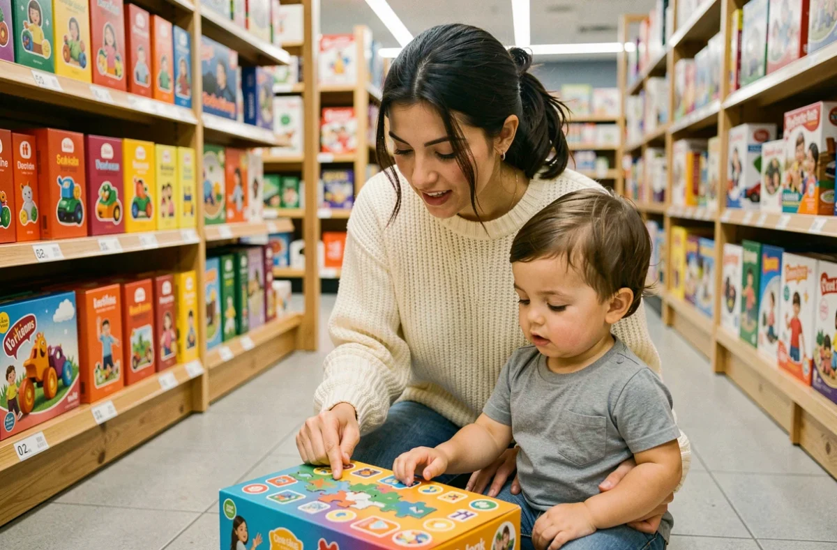 Mère et enfant de 3 ans en train de choisir un puzzle éducatif dans un magasin de jouets