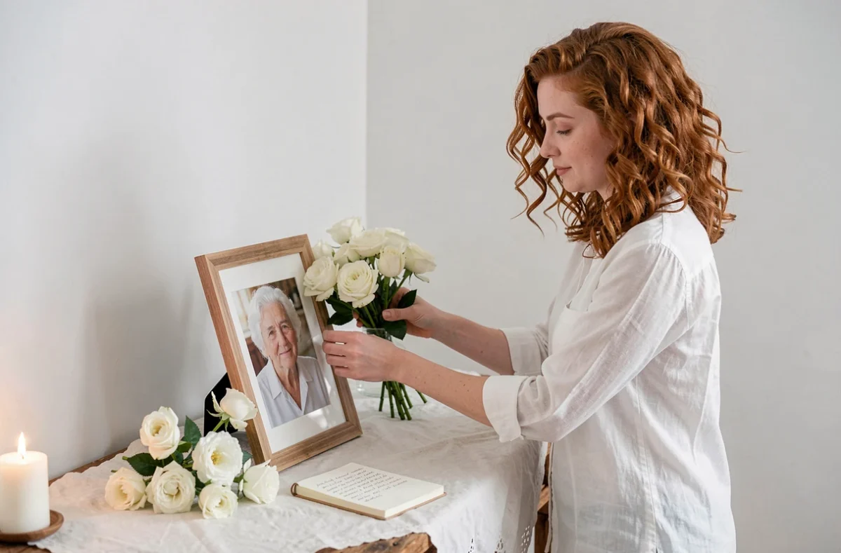 Jeune femme préparant un hommage floral avec une photo encadrée et une phrase personnalisée pour sa tante décédée