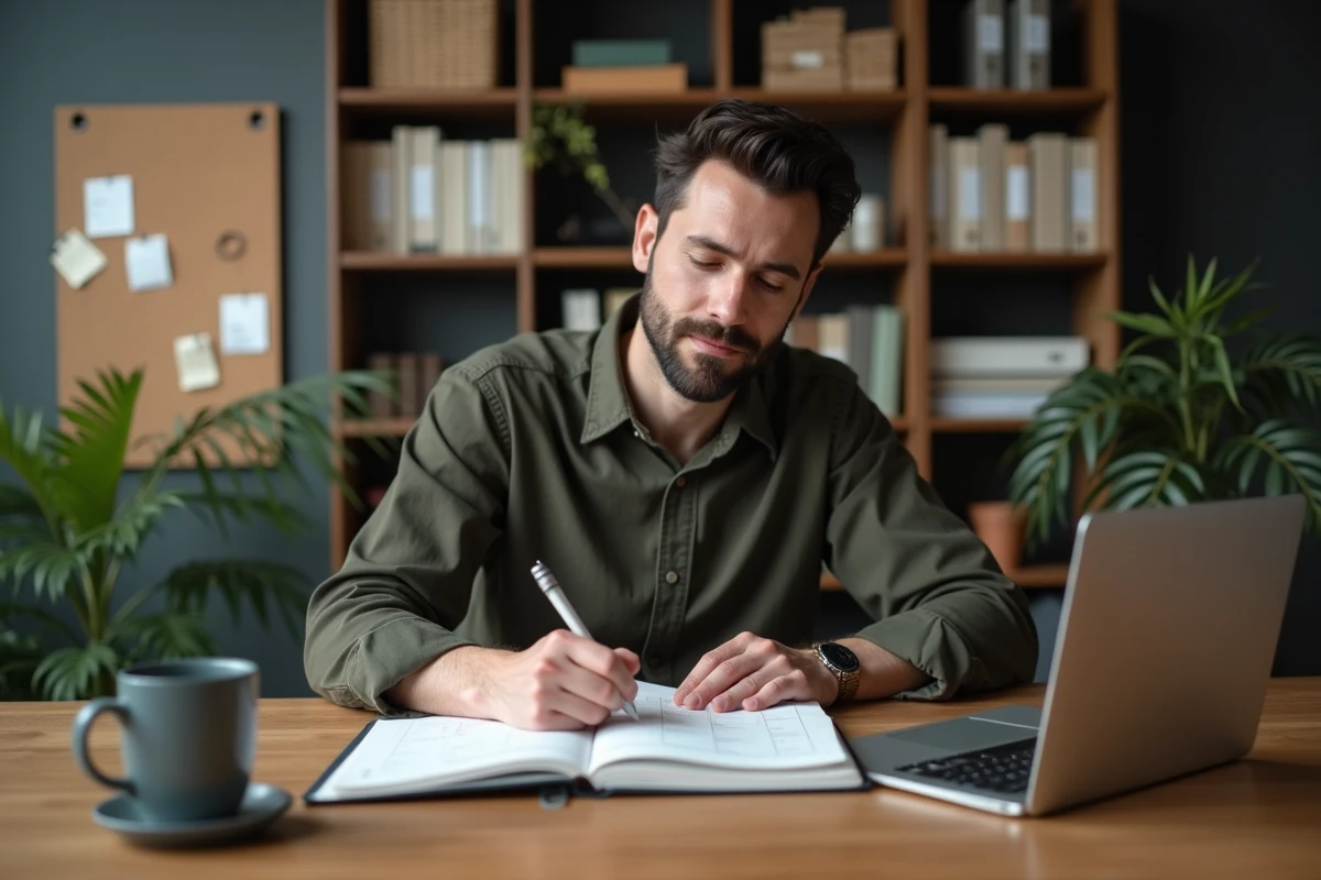 Homme consultant un agenda papier et numérique pour organiser les semaines paires et impaires en télétravail