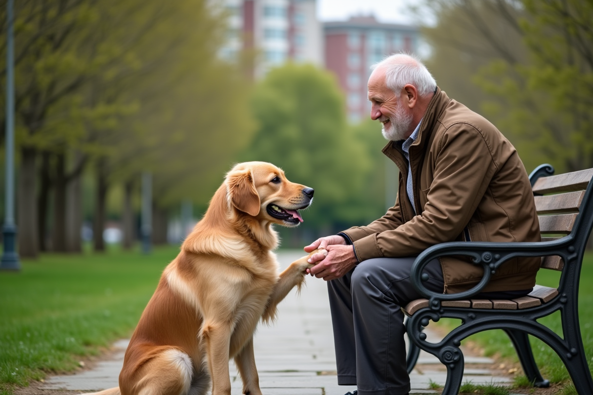 Homme âgé avec chien golden retriever dans un parc urbain