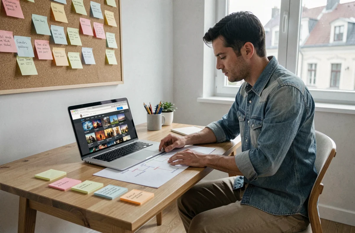 Homme organisant un classement chronologique de films Disney et Pixar sur un bureau en bois avec des notes colorées