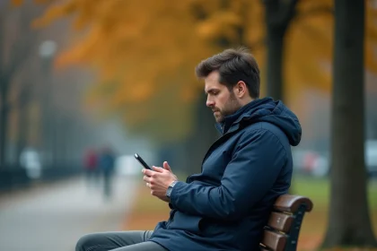 Homme seul dans un parc regardant son téléphone avec une expression distante, signe d'infidélité émotionnelle