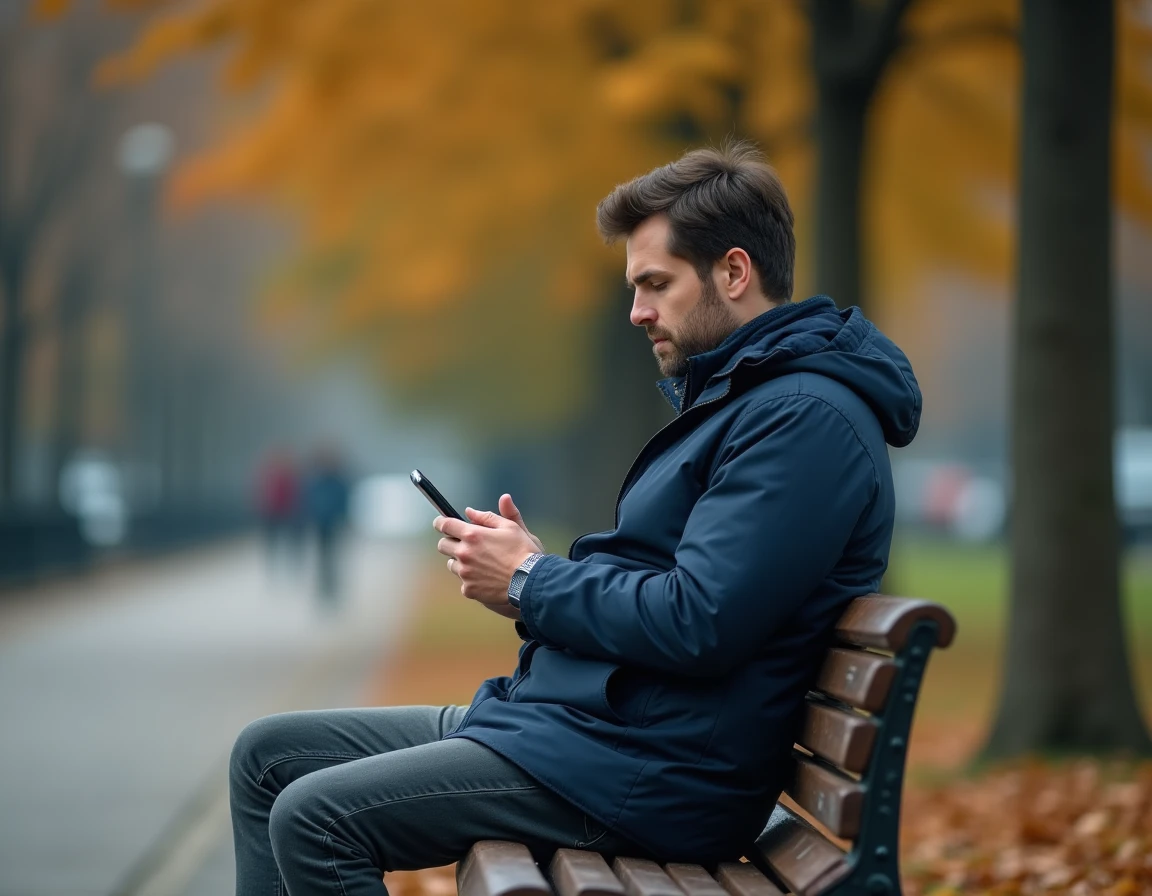 Homme seul dans un parc regardant son téléphone avec une expression distante, signe d'infidélité émotionnelle