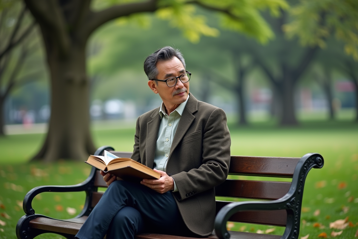 Un homme assis sur un banc de parc avec un album photo