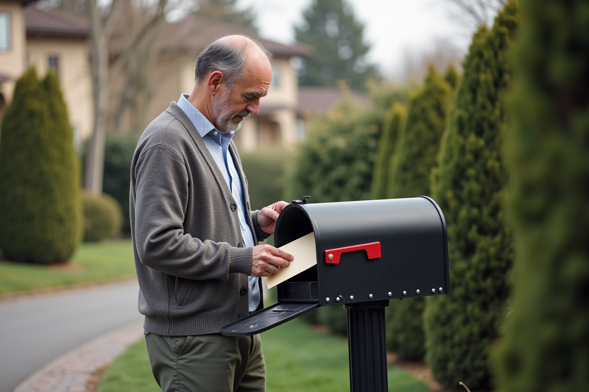 Homme envoyant une lettre devant sa boîte aux lettres