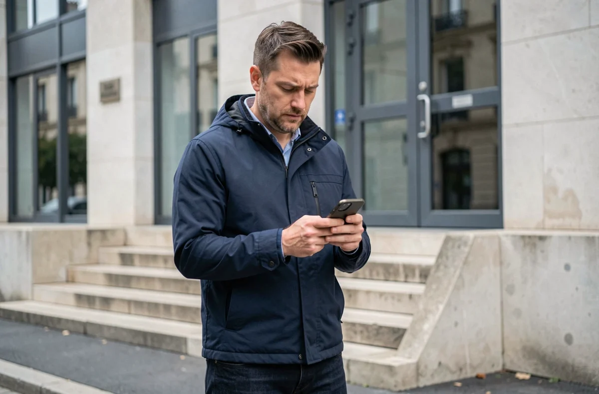 Homme consultant son smartphone devant un bâtiment de la Caf pour joindre rapidement les services administratifs
