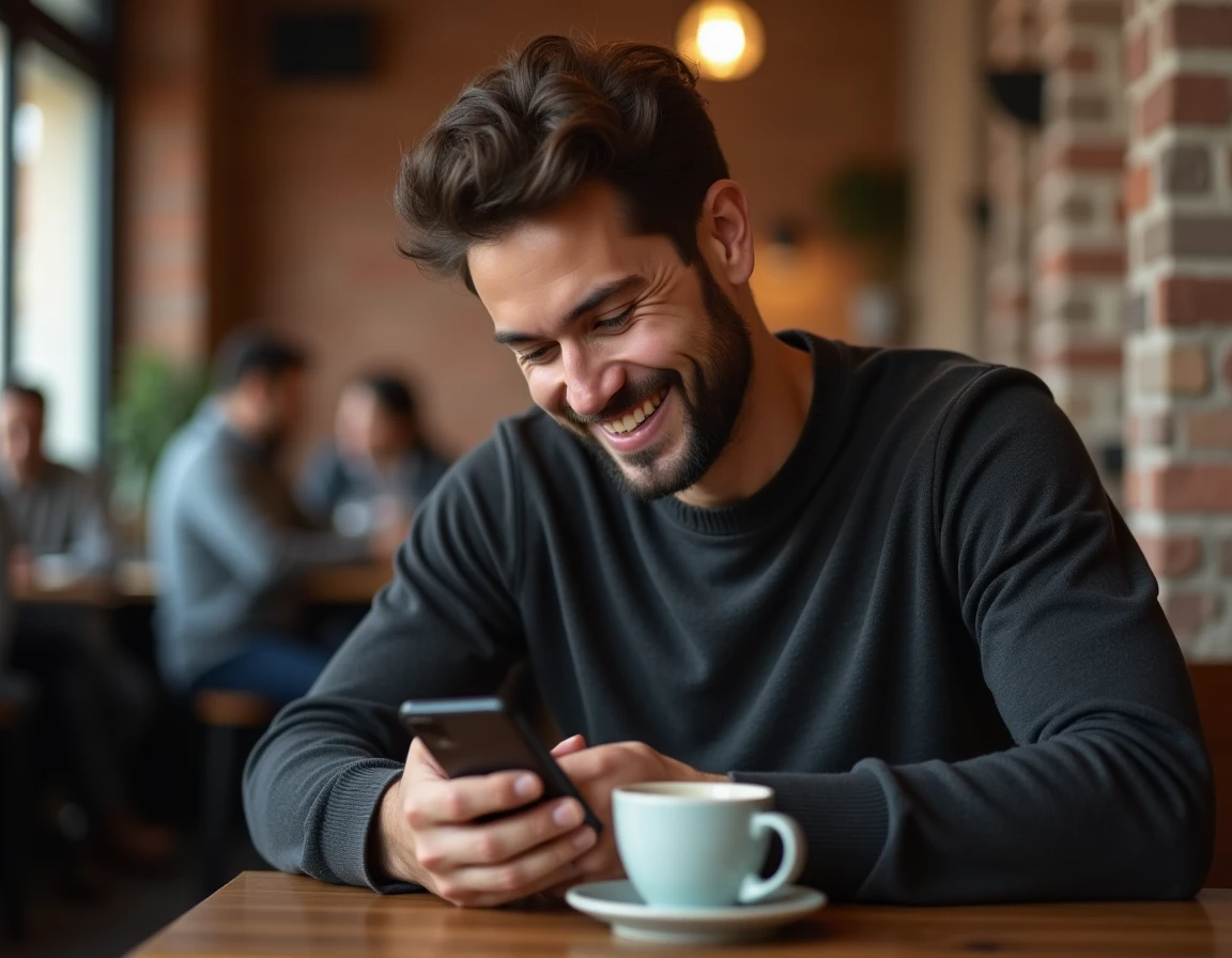 Homme souriant discrètement à son téléphone dans un café, attitude évocatrice d'une connexion émotionnelle cachée