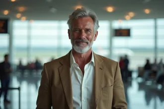 Homme élégant dans la cinquantaine dans un aéroport international, évoquant un voyageur expérimenté et passionné de découvertes