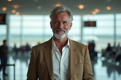 Homme élégant dans la cinquantaine dans un aéroport international, évoquant un voyageur expérimenté et passionné de découvertes