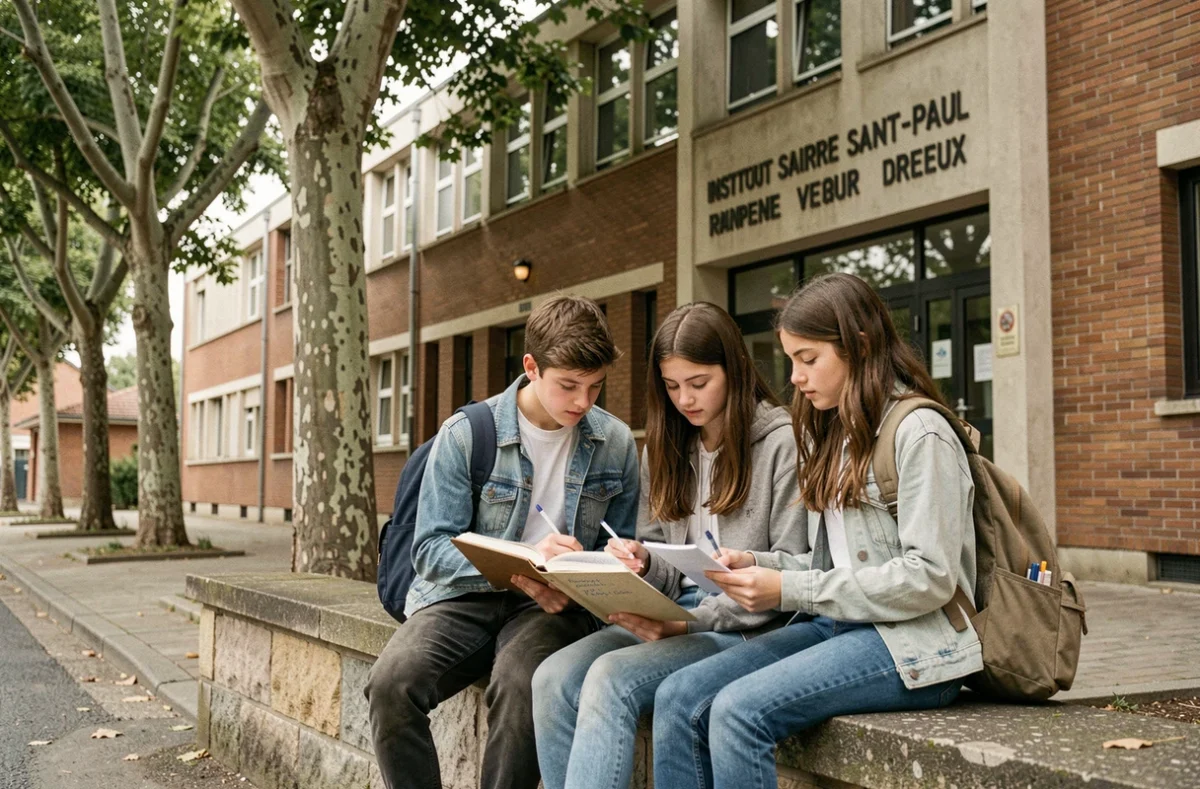 Trois élèves de l'Institut Saint-Pierre Saint-Paul de Dreux révisant leurs cours assis devant l'entrée de l'établissement