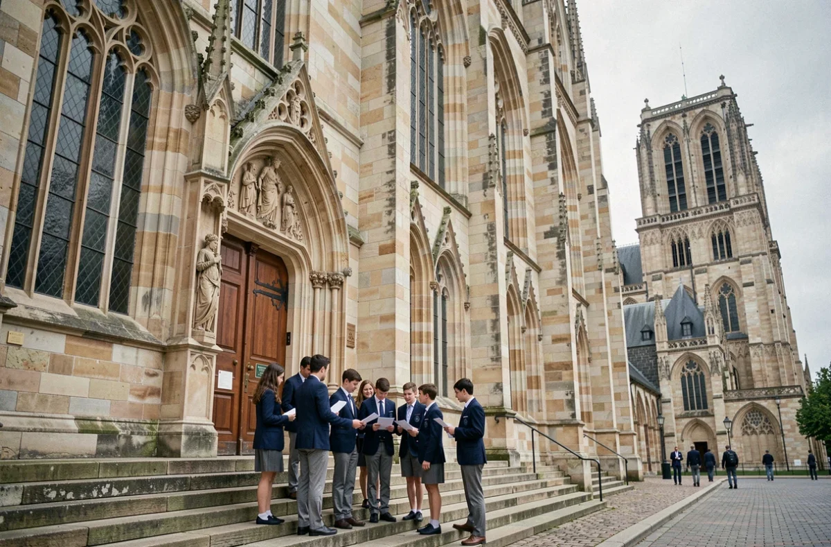 Façade en pierre de l'Institution Notre-Dame de Chartres avec des élèves en uniforme sur les marches d'entrée