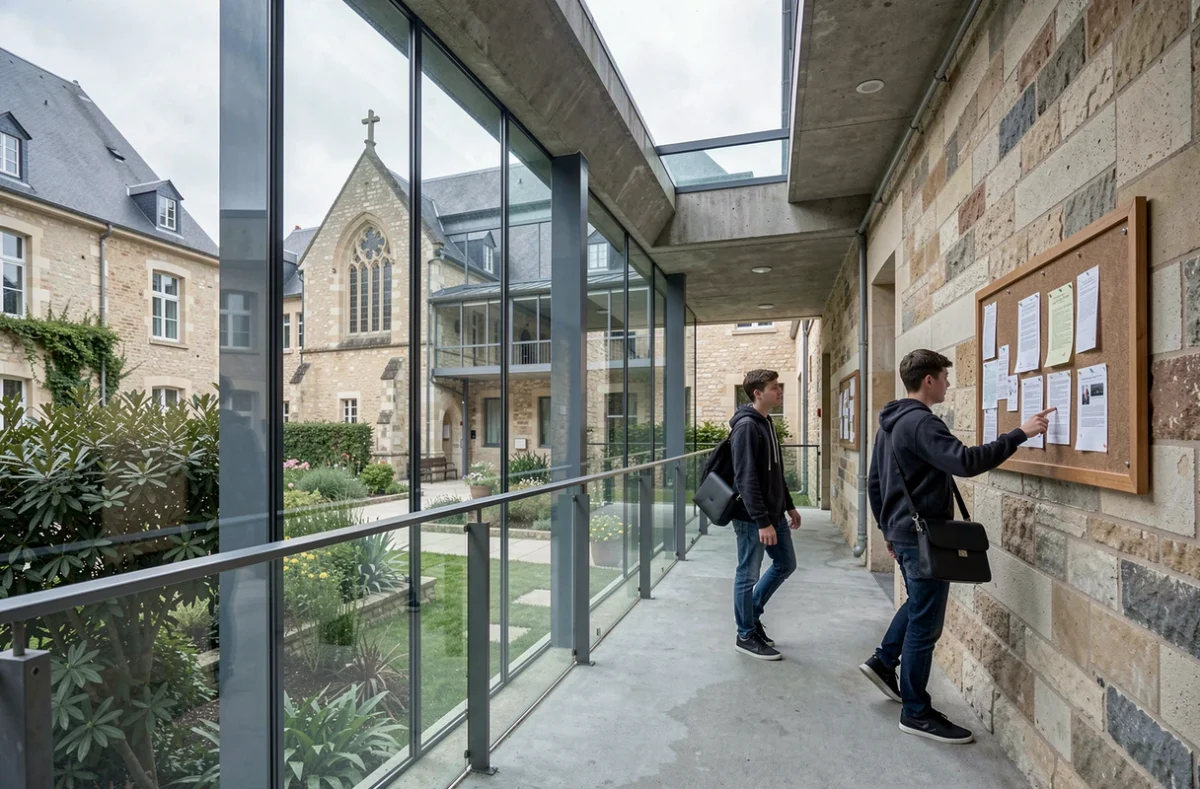 Deux étudiants de l'Institution Saint-Paul-Bourdon-Blanc d'Orléans traversant le couloir vitré reliant bâtiment ancien et extension moderne
