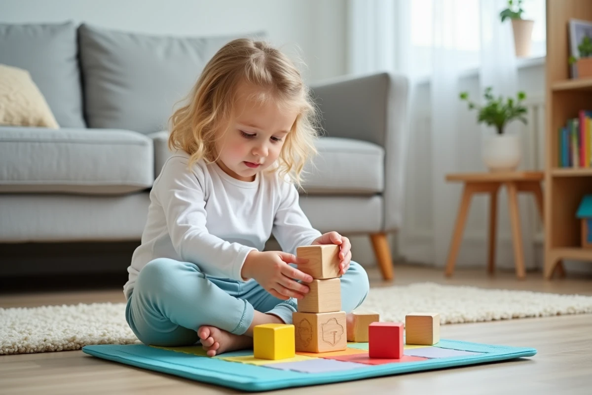 Petite fille de 4 ans concentrée sur un jeu de construction en bois sur un tapis de jeu coloré dans un salon familial