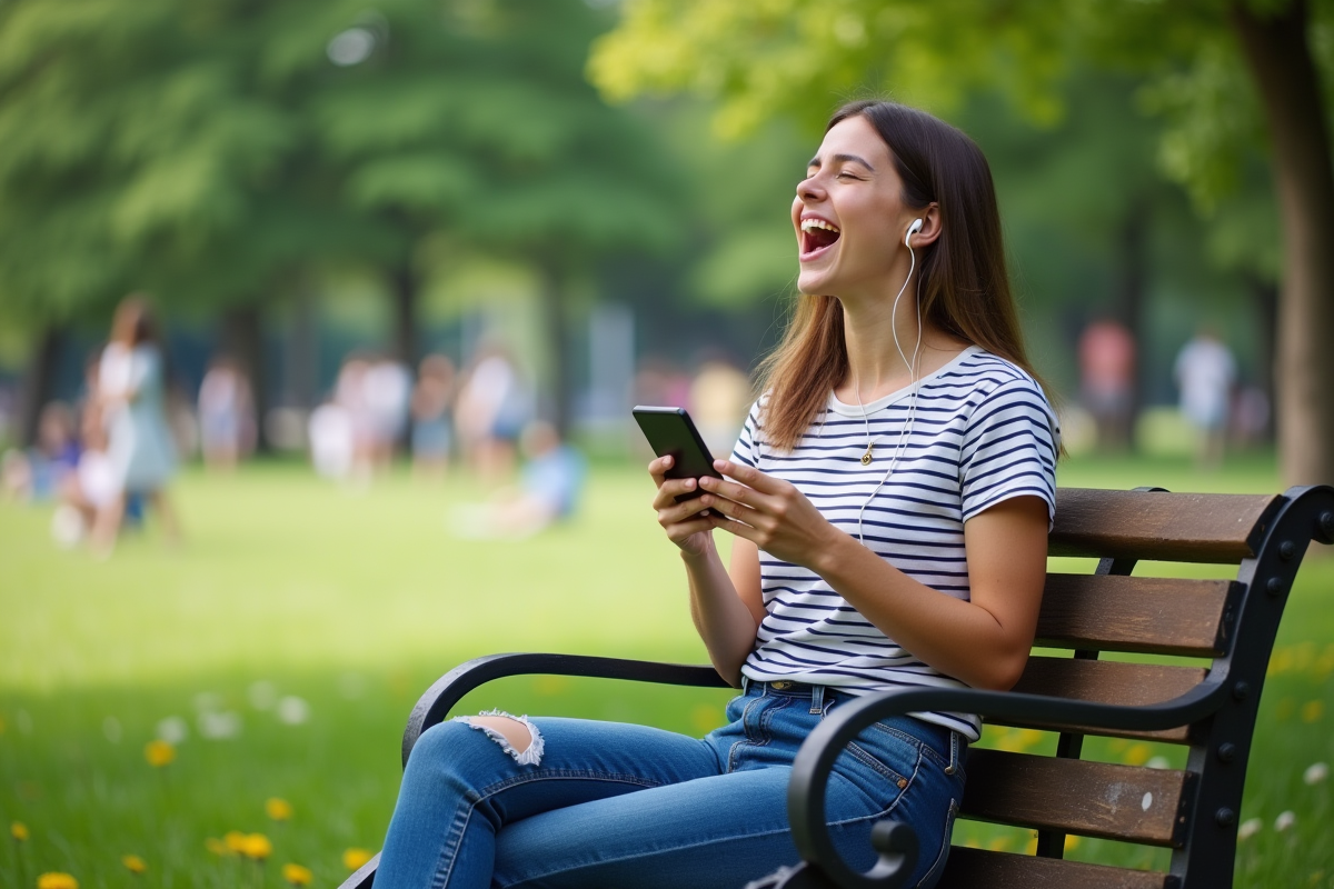 Jeune femme chantant dans un parc en écoutant de la musique