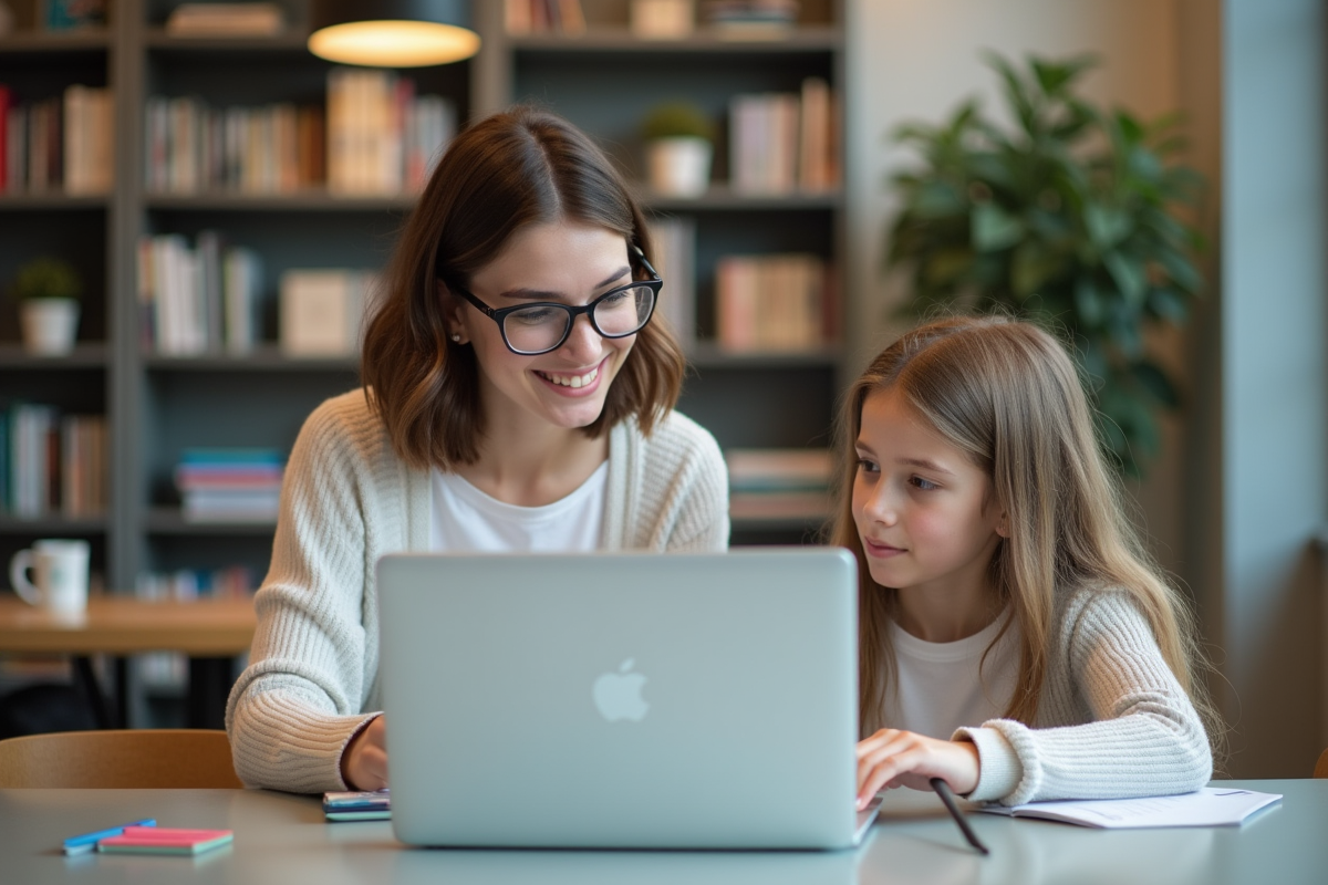 Jeune femme expliquant un devoir à une fille à la bibliothèque