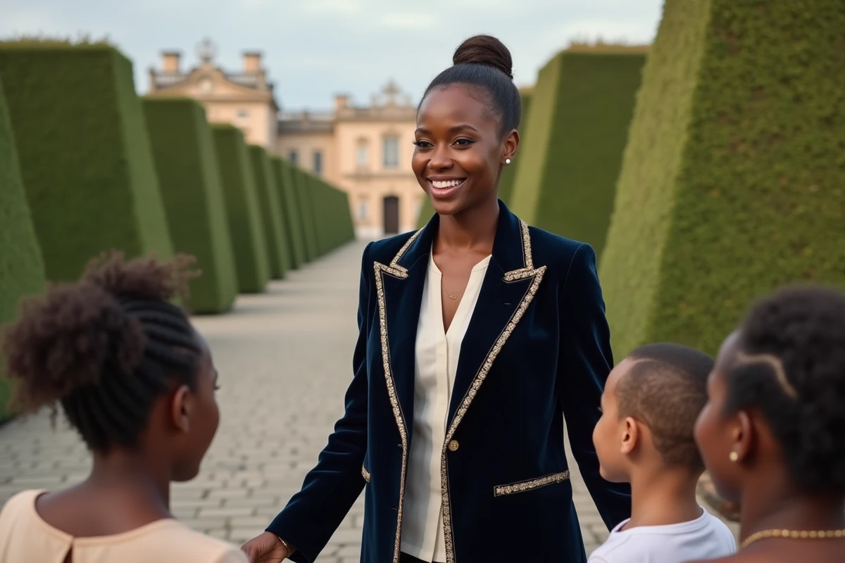 Jeune femme en tenue royale parlant avec des enfants dans un jardin