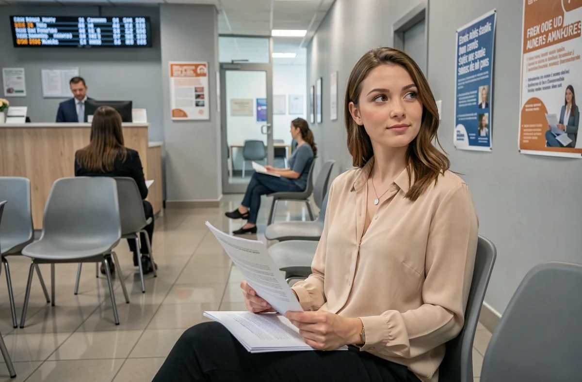 Jeune femme en salle d'attente de la Caf tenant un document administratif avant un rendez-vous avec un conseiller