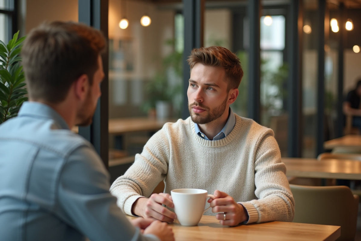 Jeune homme offrant un cafe a un collegue dans un bureau moderne