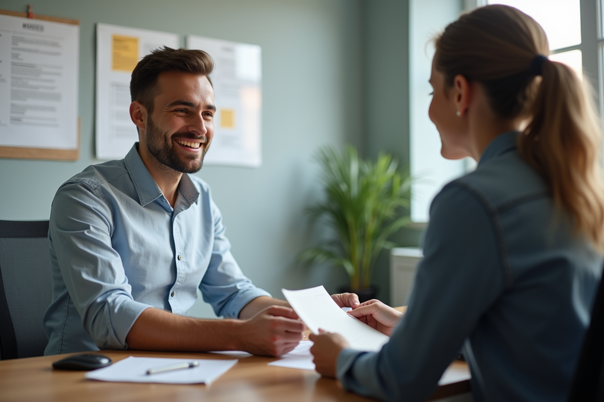 Jeune homme en entretien avec une assistante sociale dans un bureau