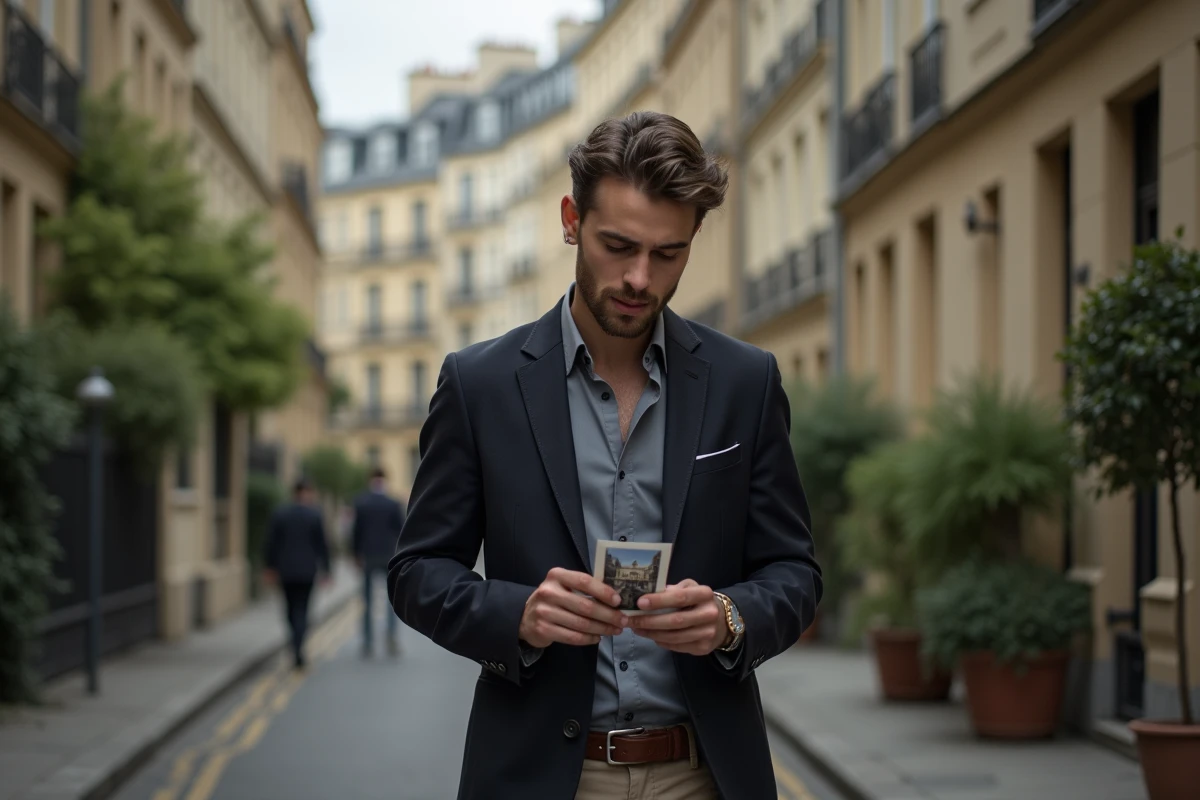 Jeune homme marchant dans une rue parisienne contemplant une photo