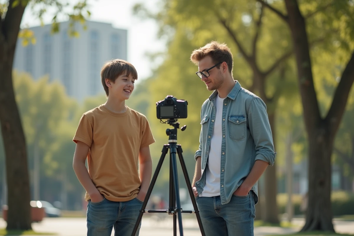 Deux jeunes hommes filmant une vidéo en extérieur, illustrant la nouvelle génération attirée par les métiers de la télévision