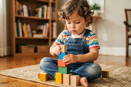 Petite fille de 3 ans empilant des cubes en bois colorés sur un parquet dans un salon chaleureux