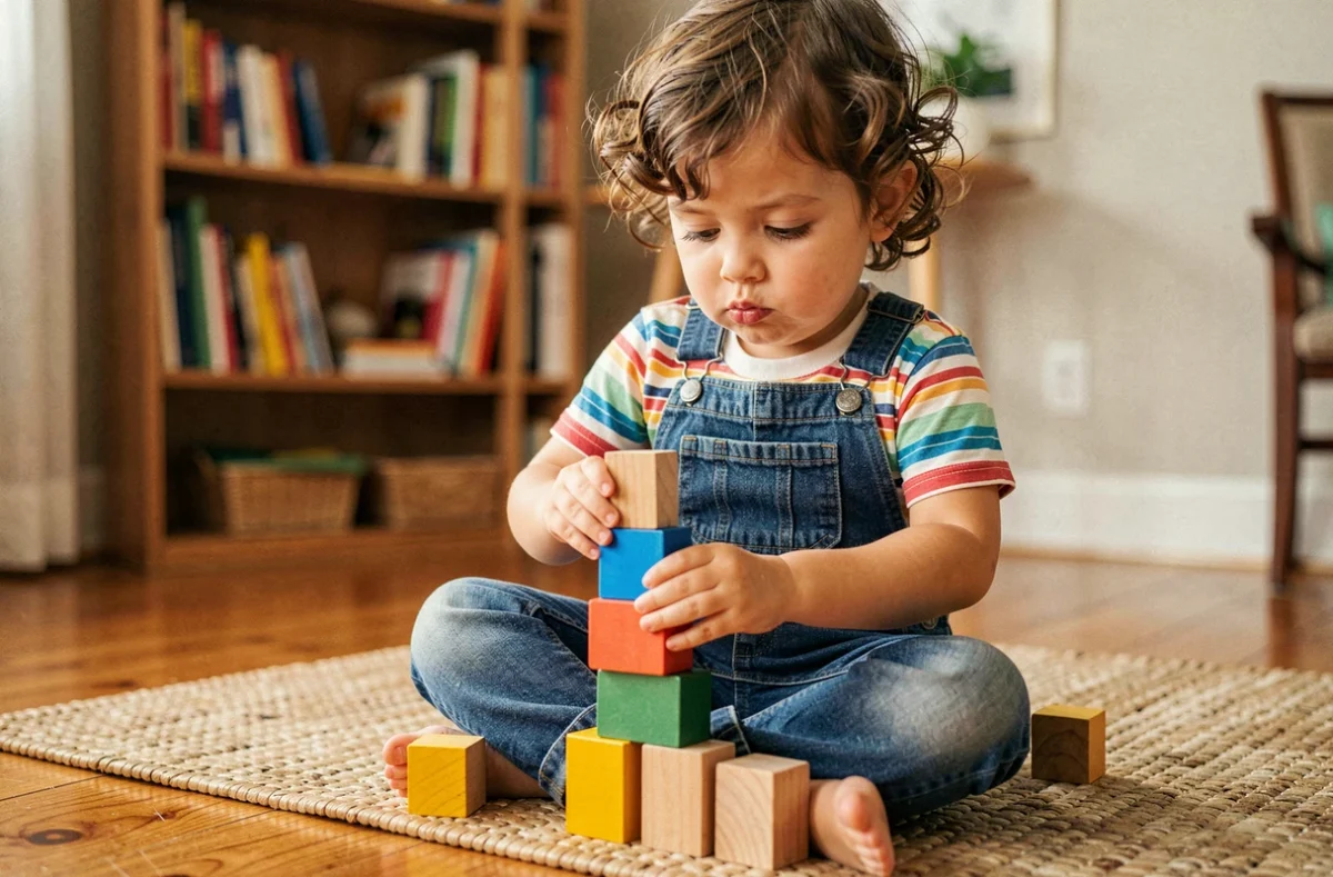 Petite fille de 3 ans empilant des cubes en bois colorés sur un parquet dans un salon chaleureux
