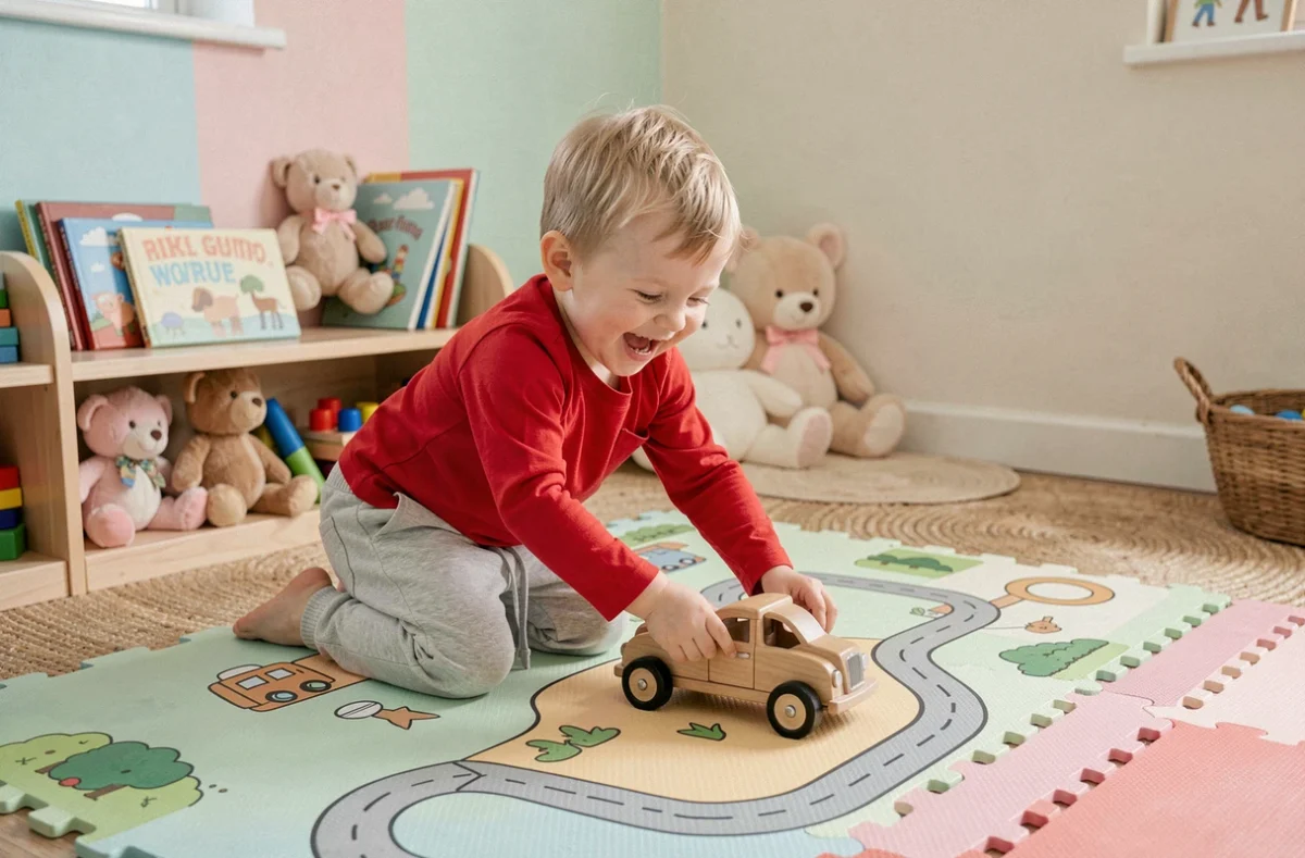 Garçon de 3 ans jouant avec une voiture en bois sur un tapis de jeu coloré dans une salle de jeux
