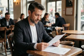 Portrait éditorial d'un homme journaliste assis dans un café parisien, feuilletant des documents avec une expression réfléchie